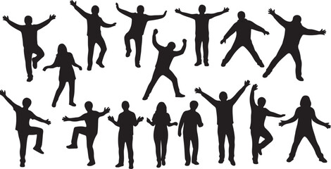 A collection of black silhouettes of diverse people in various dynamic and joyful poses, expressing happiness and freedom and celebrating life.