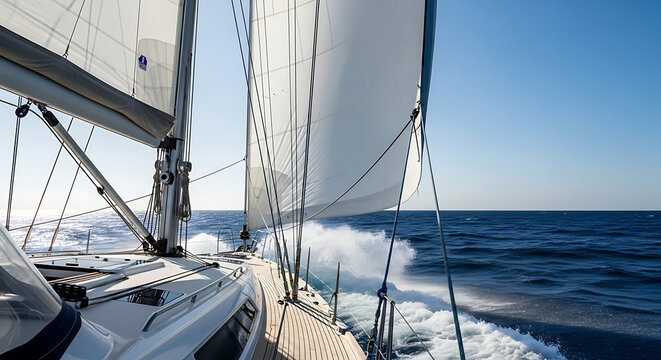 A large white sailboat cuts through deep blue ocean, creating a powerful white wake.