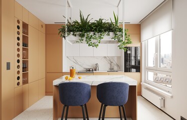 Modern kitchen interior with orange cabinets and marble island. 3D render visualization
