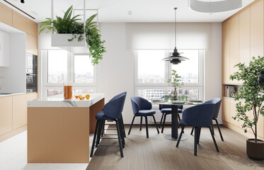 Modern kitchen and dining area with blue chairs and marble island. Home interior