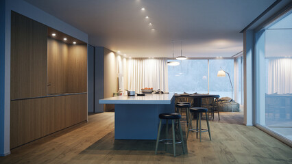 Modern luxury kitchen interior with island. Winter snow view through large windows