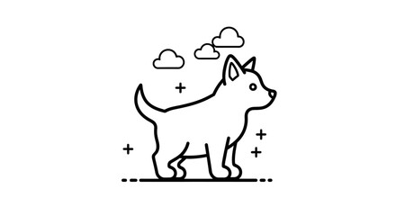 Fototapeta premium Simple black and white line drawing of a dog standing under clouds.