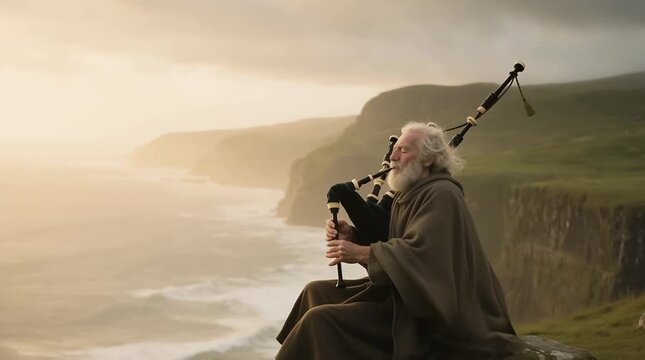 An elderly bagpiper plays his bagpipes on the rocky Scottish coastline. A historical reconstruction of everyday life in the Middle Ages