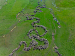 Obraz premium Aerial view from a drone of the meanders of the Izarilla River in the municipality of Campoo de Suso in the Campoo-Los Valles region. Cantabria. Spain. Europe