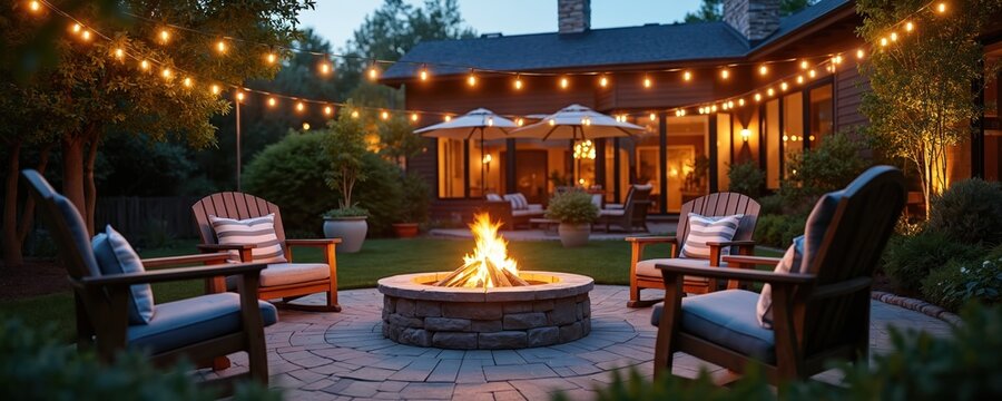 Evening backyard scene with stone fire pit ablaze, surrounded by Adirondack chairs. String lights glow above patio, casting warm light on lawn and bushes. Home exterior visible.