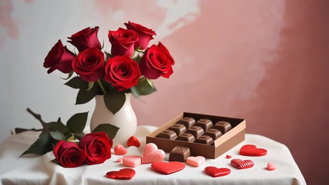 A beautiful arrangement of red roses in a white vase on a table with a box of chocolates and heart-shaped confetti