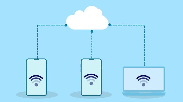 Flat vector illustration of a cloud connected to two smartphones and a laptop with wifi icons, representing wireless cloud data synchronization and mobile file sharing on a blue background.
