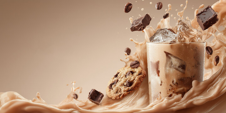 Frozen chocolate beverage concept with splash motion, cookies, and chocolate, ideal for modern food posters