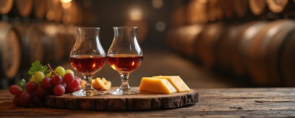 Obraz premium Two brandy glasses filled with amber liquor sit on rustic wood slice with grapes and cheese. Wine barrels in soft focus background create cozy cellar atmosphere. Perfect for luxury drink ads.