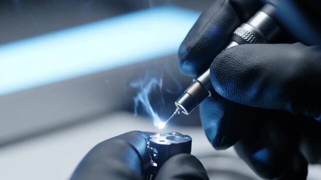 Close-up of gloved hands performing precision work with a sparking tool on a small metal component.