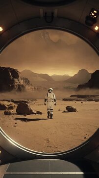 Spaceman exiting circular airlock onto desolate desert planet. Astronaut walking toward rocky mountains on Mars. Vertical wide shot.