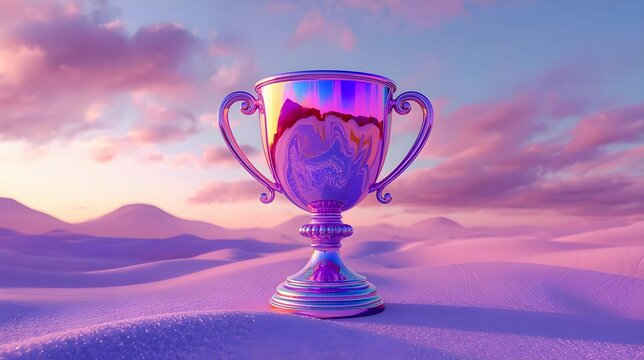 An iridescent purple trophy stands centered in a surreal desert landscape under a soft pink and orange sunset sky with wispy clouds.