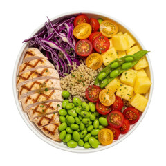 Delicious and healthy quinoa bowl with chicken, vegetables, and fruits isolated on transparent background