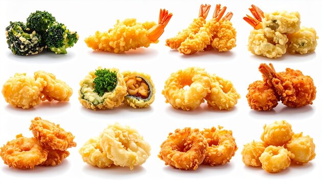 Collection of delicious Japanese tempura, including crispy fried shrimp, prawns, squid rings, and broccoli. Assortment of Asian seafood appetizers and snacks served on a clean white background.