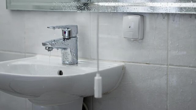 Detailed medium shot of a pull cord switch near a bathroom sink cord sharply focused contrasting with blurred faucet and mirror background showing easy reach in wet environments.