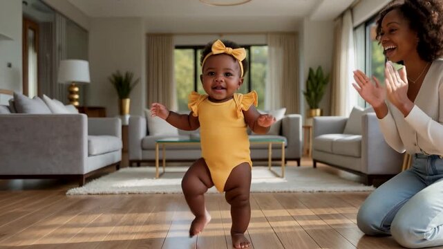 A happy African American mother claps while her baby girl in a yellow romper takes her first steps on a wooden floor in a bright living room