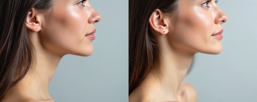 Side view of young woman profile showing subtle facial changes, skin improvement after cosmetic procedure. Neckline appears smoother, jawline more defined. This image highlights skin rejuvenation.
