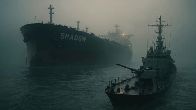 Naval corvette escorting sanctioned oil tanker through dense fog. Maritime security operation in misty open sea. Lockdown wide shot.