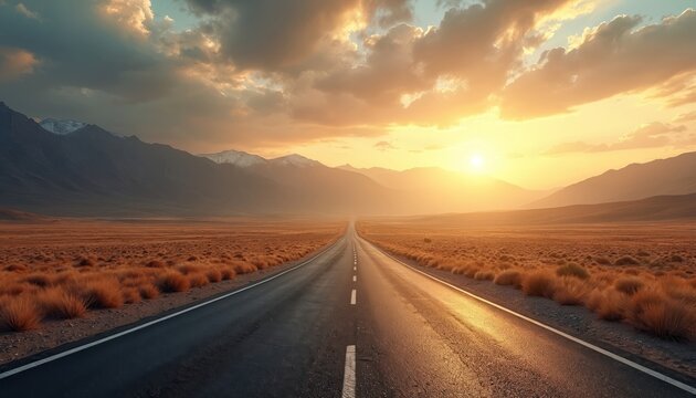 Empty asphalt road winds through dry grass fields toward distant mountains at sunset. Golden sun casts long shadows under cloudy sky. Vast open landscape offers solitude and adventure.