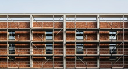 Scaffolding covering the facade of a brick building under construction. Concept of renovation, repair, and property development projects.