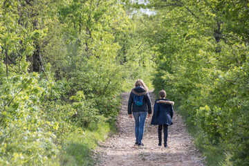 maman et son fils faisant une promenade, randonn&eacute;e famille monoparentale, sortie en for&ecirc;t au printemps
