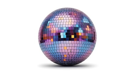 Vibrant disco ball sphere reflecting multiple colors and light on white background with shadow