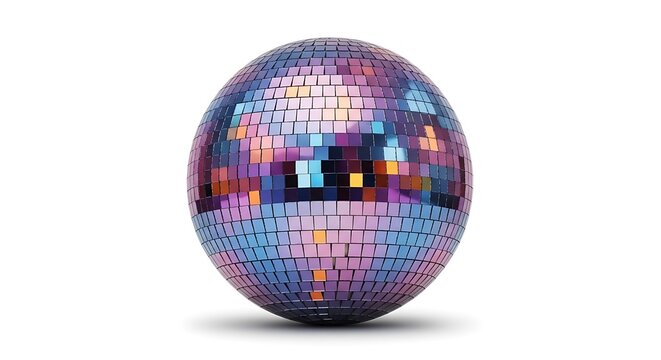 Vibrant disco ball sphere reflecting multiple colors and light on white background with shadow