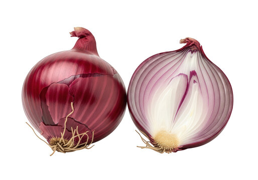 Whole and halved red onion displayed on a clean white surface from a front viewpoint