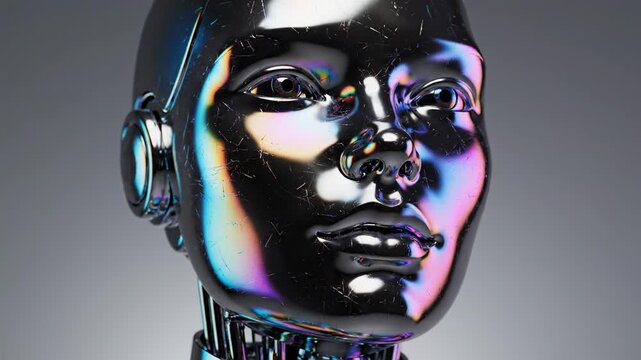 Ultra-detailed cinematic close-up portrait of a futuristic humanoid android head and upper shoulders, looking slightly upward and to the right in a calm, contemplative pose