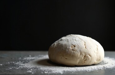 Obraz premium Raw sourdough dough ball covered in flour rests on a dark table. This uncooked bread mix is ready for baking. It shows natural fermentation process happening.
