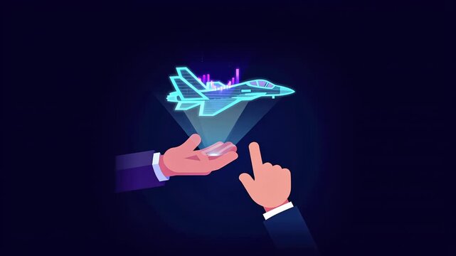Military Fighter Jet hologram Defense Blueprint Aircraft War Aerospace Engineering Project Research Technology 2D cartoon