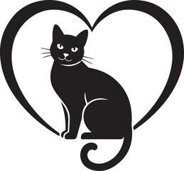 Fototapeta premium Black cat sits inside a large heart shape illustration