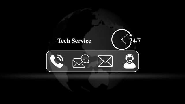 Tech Service Globe With Contact Icons And 24 7 Clock