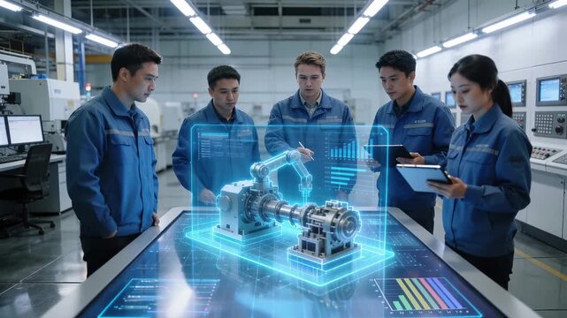 Manufacturing facility staff reviewing 3D engine projection on interactive table. Technical personnel examining holographic robotic arm assembly.