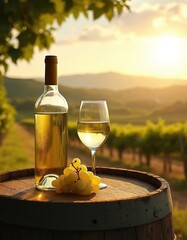 Obraz premium White wine bottle glass and grapes sit on wooden barrel. Vineyard landscape at sunset. Golden hour light bathes scene. Rural winery setting offers relaxation and enjoyment.