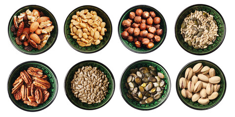 Assorted nuts and seeds in small bowls isolated on white background. Almonds peanuts hazelnuts...