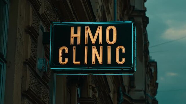 Evening shot of dusklit HMO clinic entrance sign glowing clearly with fading natural light and indistinct building facade around it.