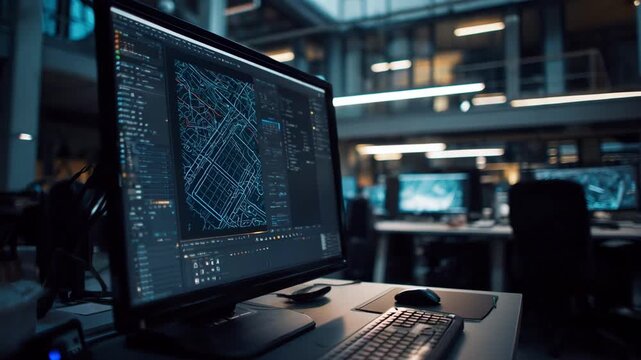 A digital design labs workspace featuring a pen tablet and a large monitor glowing with intricate graphic layers while the darkened rows of other stations remain out of focus.