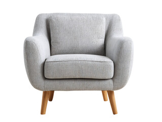 Fototapeta premium A cozy armchair with a light gray fabric and wooden legs. It has a single pillow on the back. Isolated Transparent Background, PNG