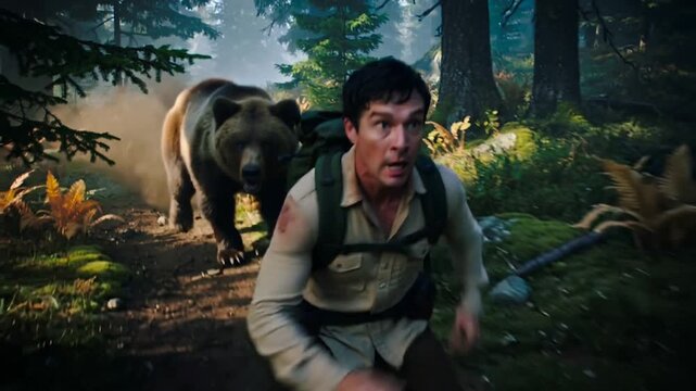 Grizzly bear chasing injured hiker through coniferous woodland. Tracking shot of man fleeing from predator in forest.
