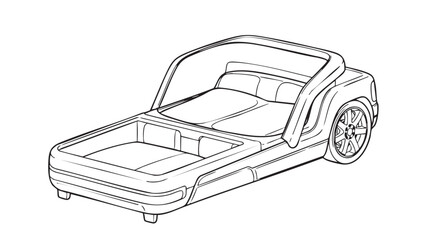 Obraz premium A detailed line drawing of a convertible car with its top down, showcasing the interior and exterior design from a three-quarter view