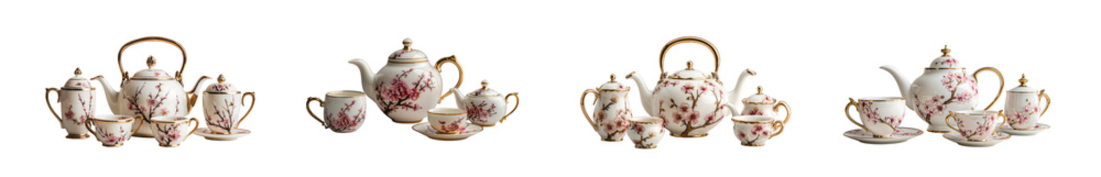 Elegant Cherry Blossom Tea Set with Gold Trim, Fine Porcelain isolated on transparent background