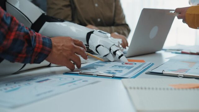 Business professionals engaging with an AI assistant to refine analytics and optimize decision-making, emphasizing efficiency and innovation in workplace technology. Noogenesis AI