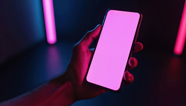 Man holds smartphone with blank screen. Neon lights glow in dark room. Modern device for communication, gaming, or browsing. Digital interface ready for app display.