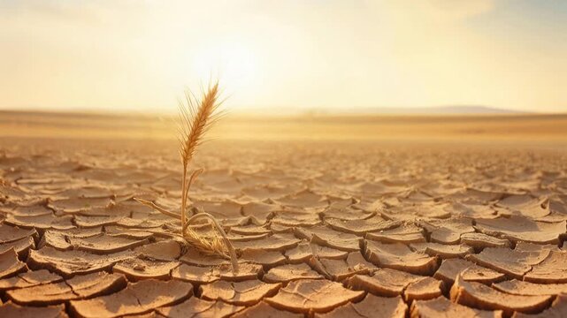 Lone wheat stalk standing in cracked dry earth during sunset. Low angle view with camera tilting down.