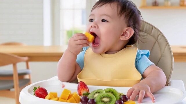 A happy baby in a blue shirt and yellow bib sitting in a high chair messily eats fresh mango kiwi strawberries and grapes in a bright kitchen