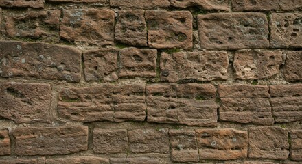 A close-up view of a weathered brown brick wall with uneven surfaces