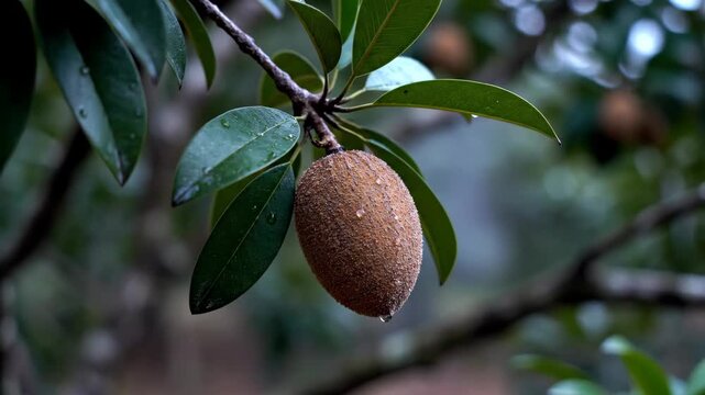 Close-up of a sapodilla fruit hanging from a tree branch.