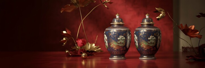 Elegant antique perfume bottles displayed on a reflective surface with dramatic lighting