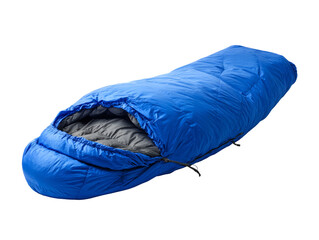 A vibrant blue sleeping bag, ready for adventure, showcasing its cozy interior Isolated Transparent Background, PNG